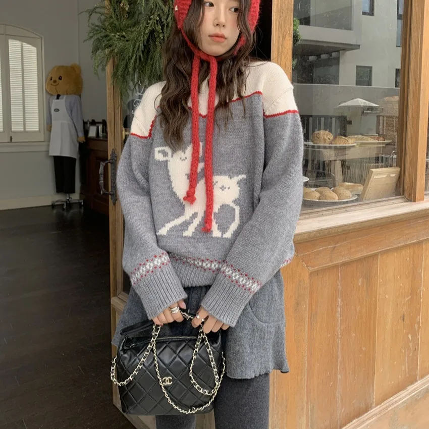 Suéter de punto Cisas Chic para mujer, suelto, largo, redondo, Color Ne, patrón de ciervo, suave y acogedor, Cisas Aosphere