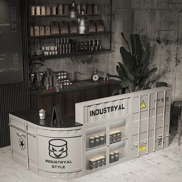 Industrial style wrought iron bar checkout page Container milk tea shop Clothing store Creative retro front desk Reception desk