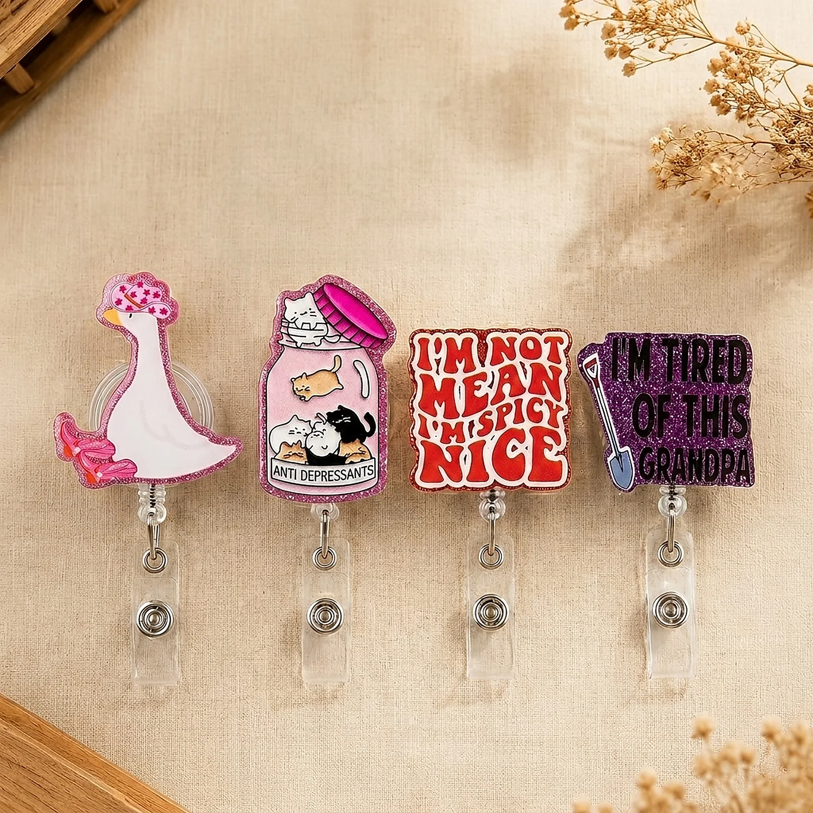Zoyiancy 4pcs Glitter Acrylic Retractable Badge Reel Set with Pull Cord for Nurses Teachers Students Office Staff