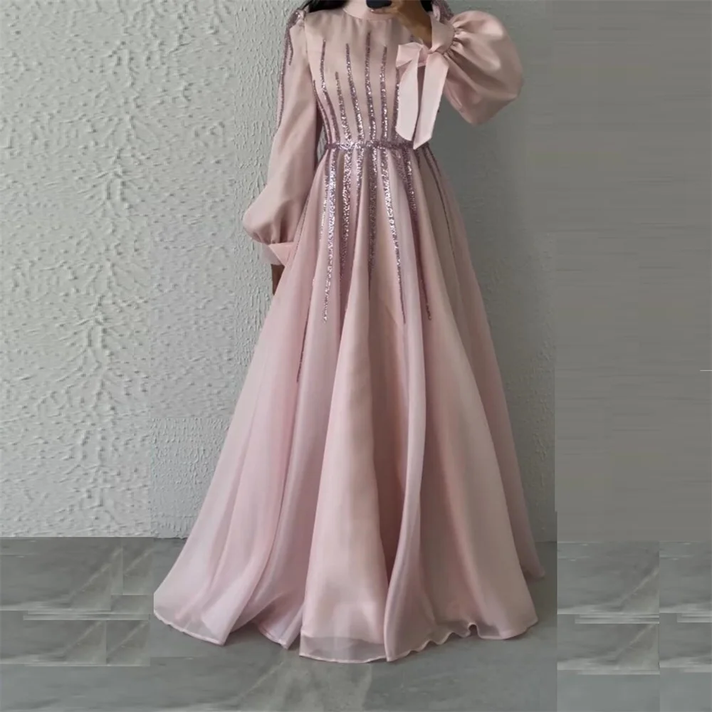 

Saudi Arabia Formal Gown Dearin High Collar A-line Floor Length Skirts Layered Draped Bows Tulle Sequin Bespoke Occasion Dresses