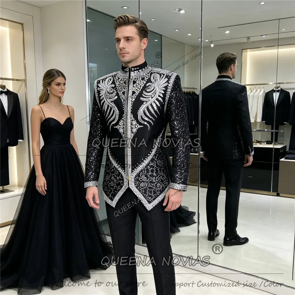 Exclusive Beaded Stones Suit Man Formal Wear Unique Design Jacket Pants 2 Piece Sets Groom Wedding Tuxedo Customized Ropa Hombre