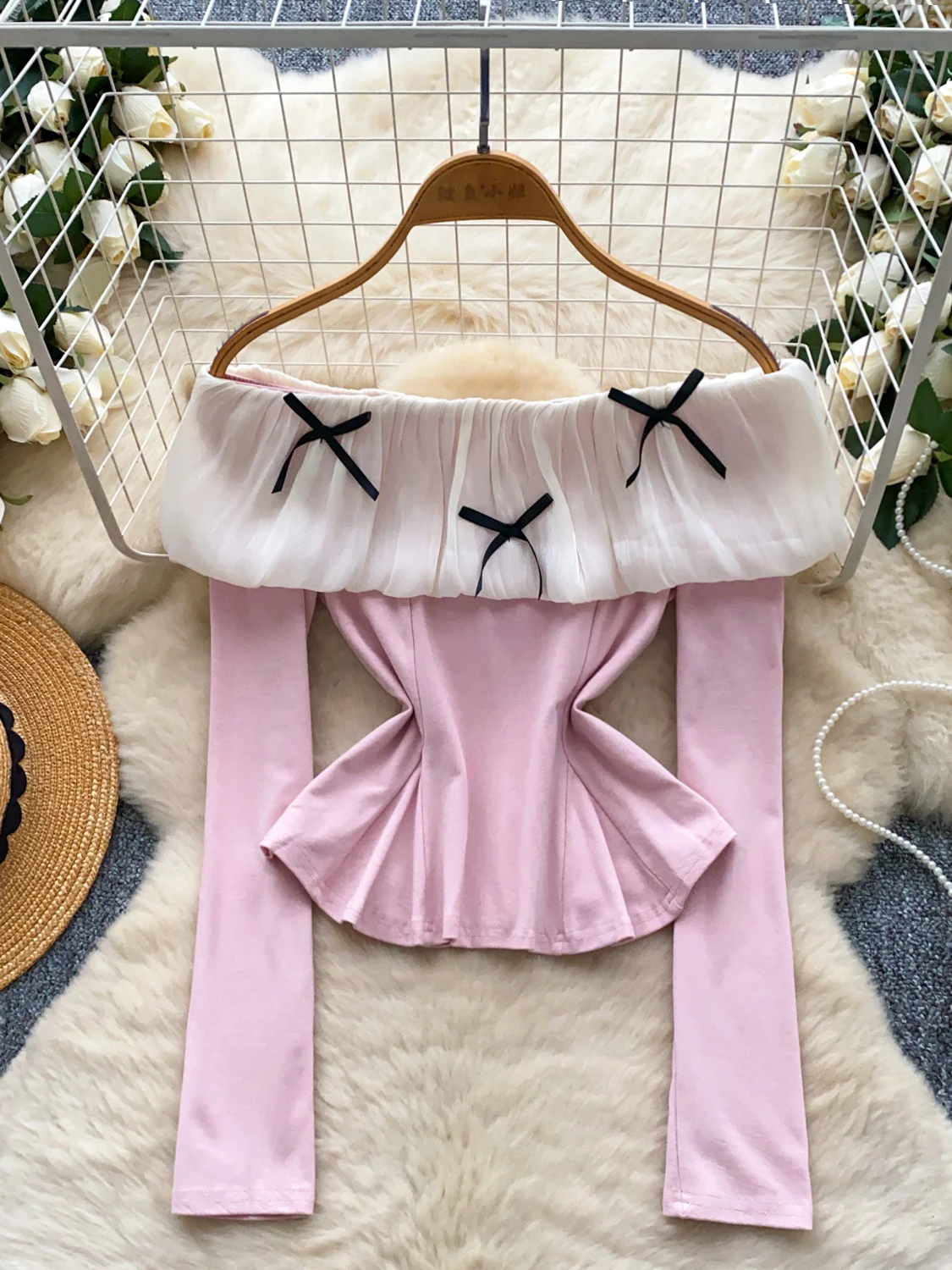 oulder Bows Color Blo Long Sve T-Shirt Damen Slim Fit Pure Desire Top Korean Sle Commute Faion Atmungsaktive Haut-F...