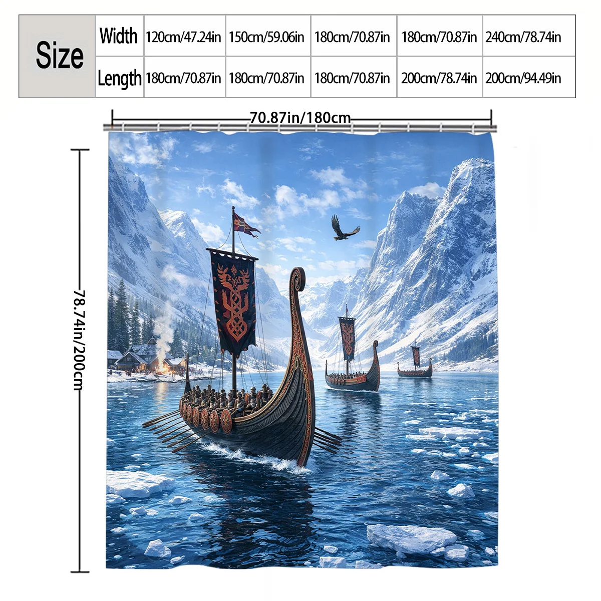 Epic Viking Longship Voyage Through Icy Nordic Fjords Waterproof Shower Curtain Bathroom Decor