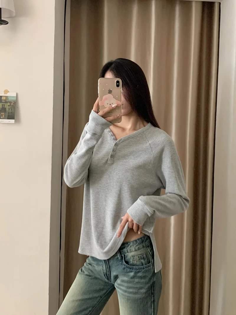 Women's Lounge Henley Long Sleeve Raglan Waffle T-shirt