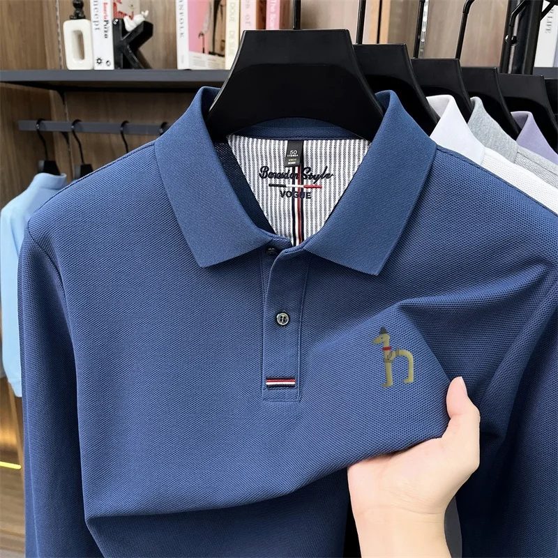 Frühling Herbst Trendiges 100% Baumwolle Herren-Poloshirt mit Aufdruck und Kragen, Einfarbiges Langarm-T-Shirt, Bequeme Freizeitkleidung für Männer – Detail 5
