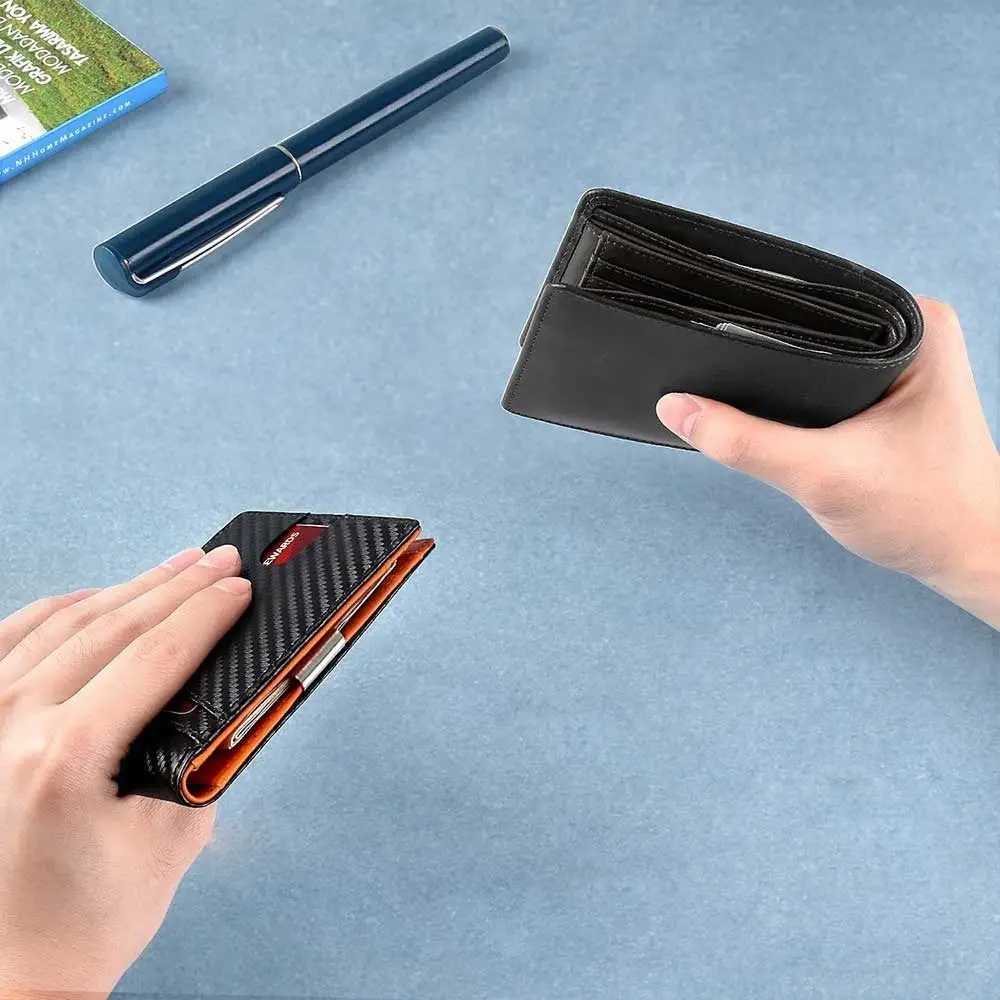 Minimalist Thin Small Wallet ID Credit Card Holder Front Pocket Leather Wallet with Money Clip Mens Slim Wallet Anti-scan