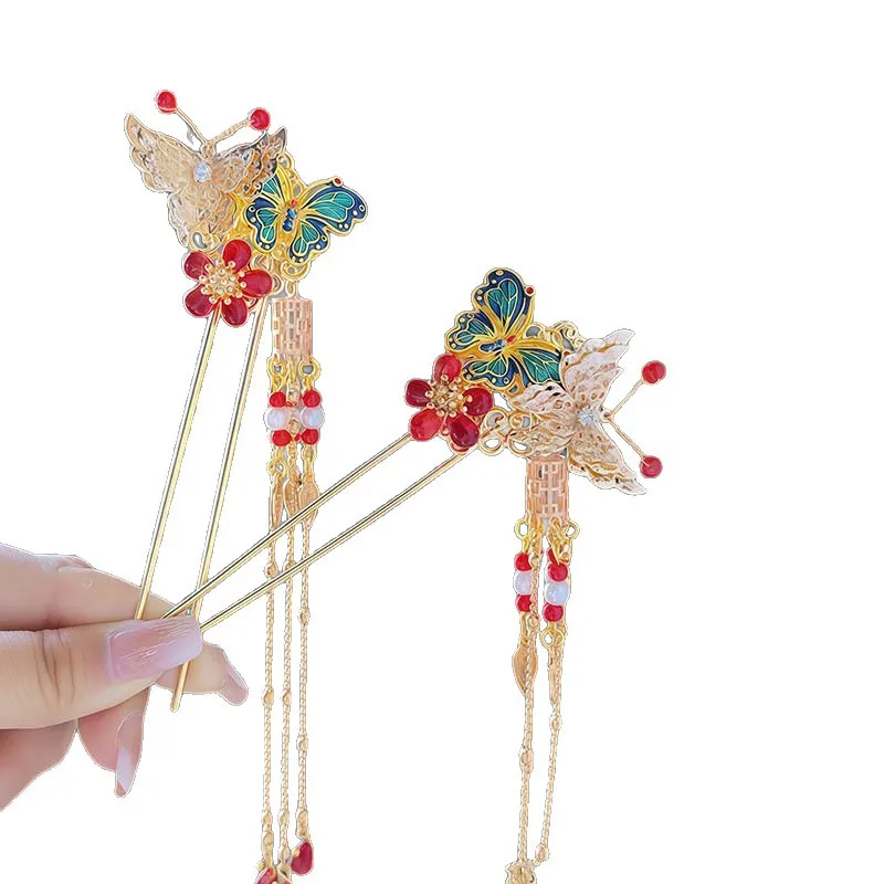 Hanfu headwear, enamel butterfly flower hairpin, women's ancient-style tassel hair accessory, hairpin, hairpin