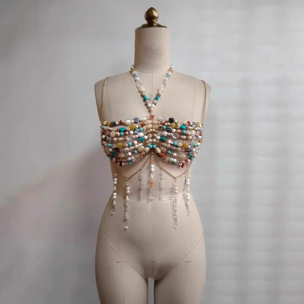 Krótki top damski z paskami z pereł, seksowny, transgraniczny styl, modny, dopasowany, z elementami 3D, o kroju A-line, z cienkimi ramiączkami, ort Sle