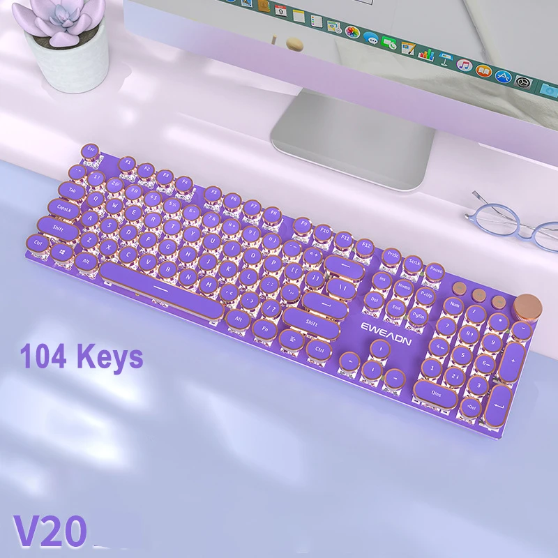 

Механическая игровая клавиатура EWEADN V20 Punk для пишущей машинки, 104 клавиши, круглые колпачки для клавиш со светодиодной подсветкой, дизайн разделения проводов ключей