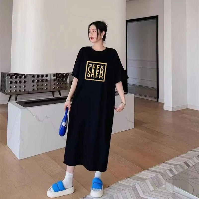 

Summer New Style Korean Version Casual T-shirt Dress Simple Loose Fit Short Sleeves Side Slit Idle Style Letter Printing