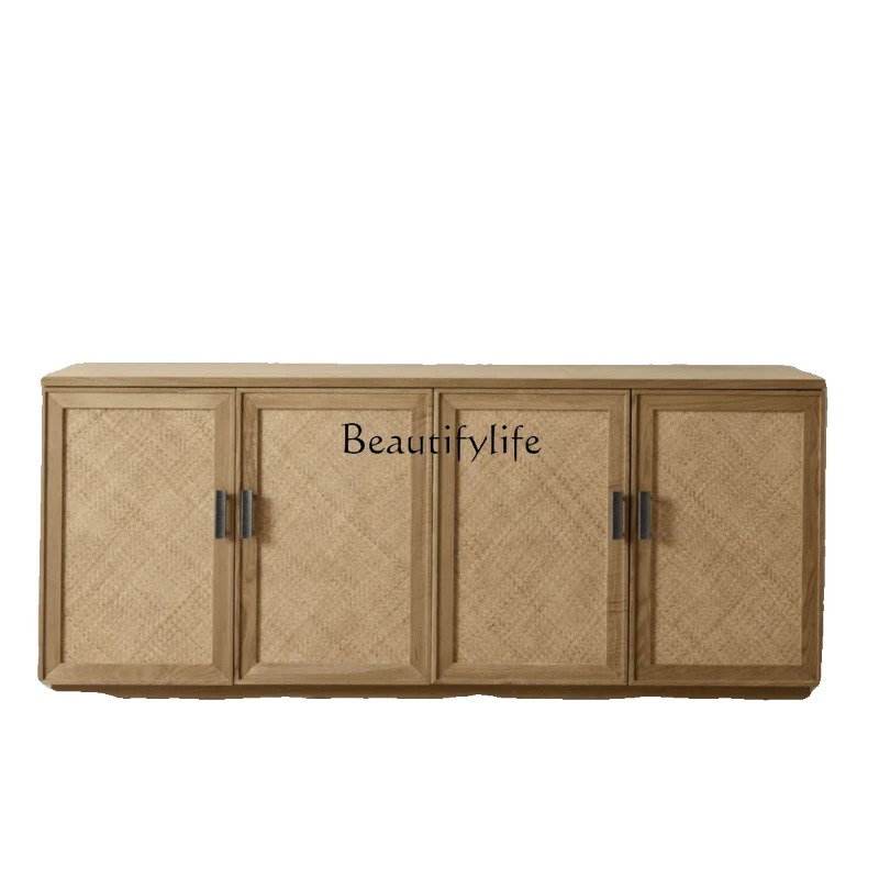 

Retro solid wood dining side cabinet small apartment living room Nordic simple rattan locker household storage cabinet