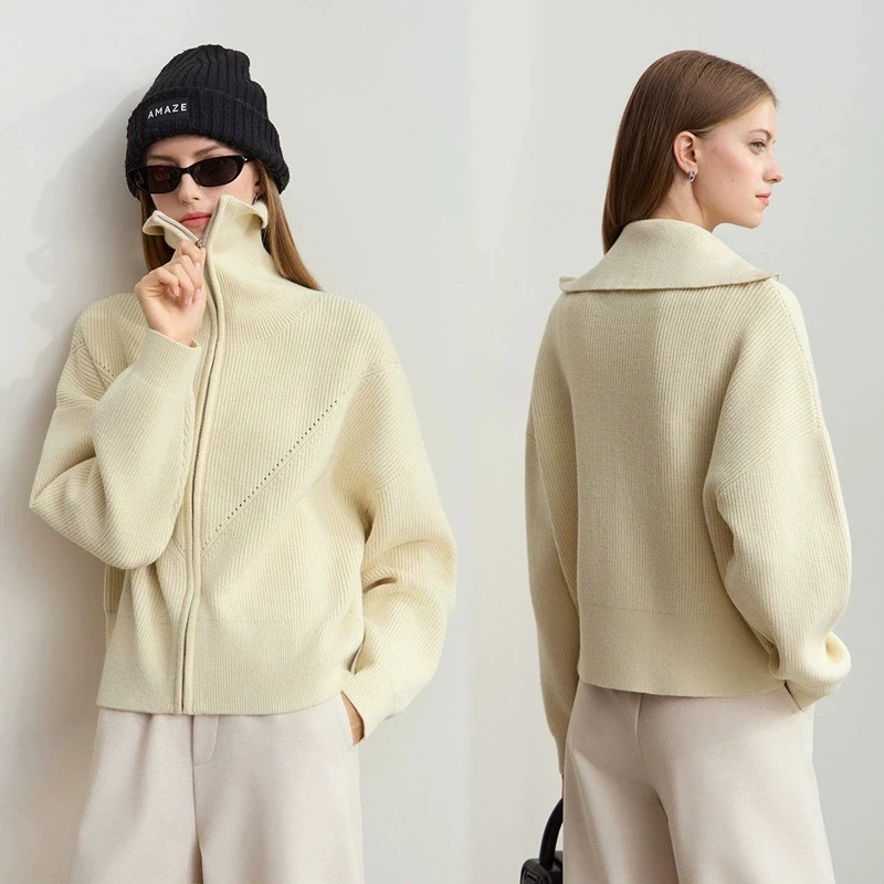 

Zipper Navy Collar Knitted Cardigan Women's Autumn/Winter Sweater Jacket Short