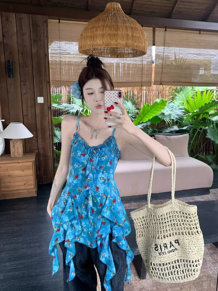 

Korobov Korean Summer V Neck Short sleeve Flower print Ruffles Slim Tanks & Camis