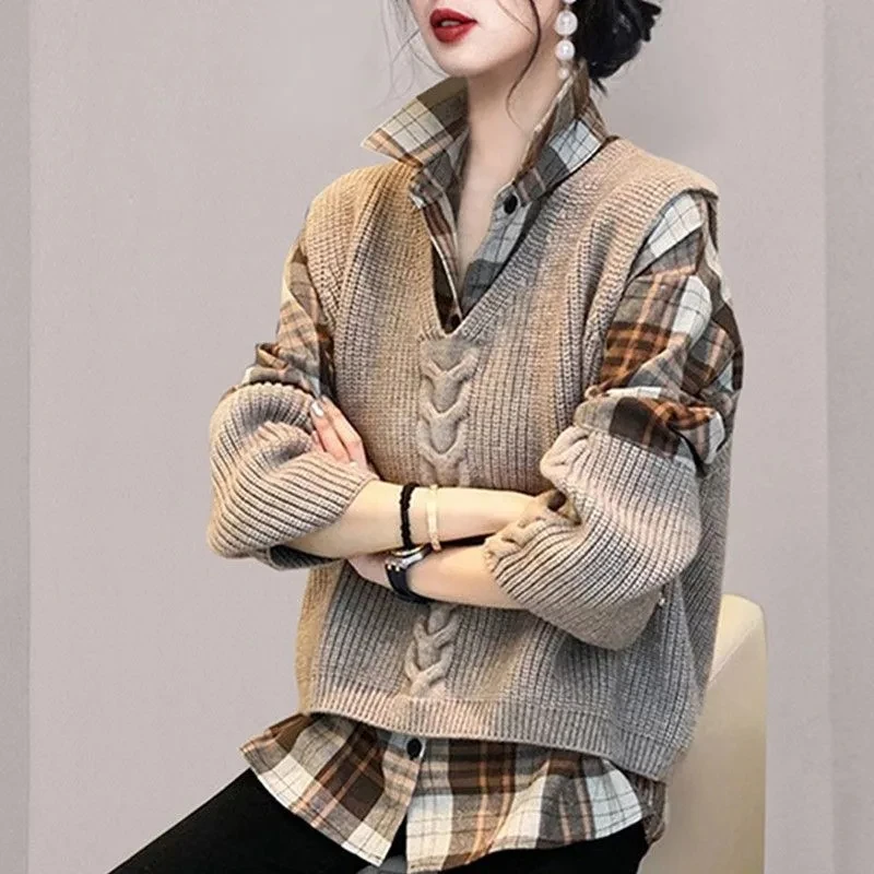 Autumn High-End Feel Light Mature Style Hong Kong Style Patchwork Plaid Shirt Fashion Knitted Vest Two-Piece Set Spring Female