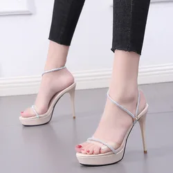 Women's shoes 2022 summer new super high heel waterproof platform sexy sandals with rhinestone open toe stiletto shoes