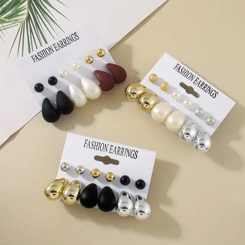 6pairs Chunky Water-drop Drop Earrings Glossy Luxury Chunky Waterdrop Earrings Matte Finish Bead Teardrop Hoop Eardrop