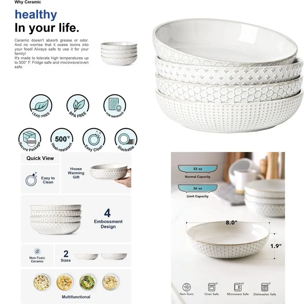 

8 Inch White Pasta and Salad Bowl Set, 36 oz Capacity, Ideal for Serving Meals and Salads, Perfect Housewarming or Wedding Gift