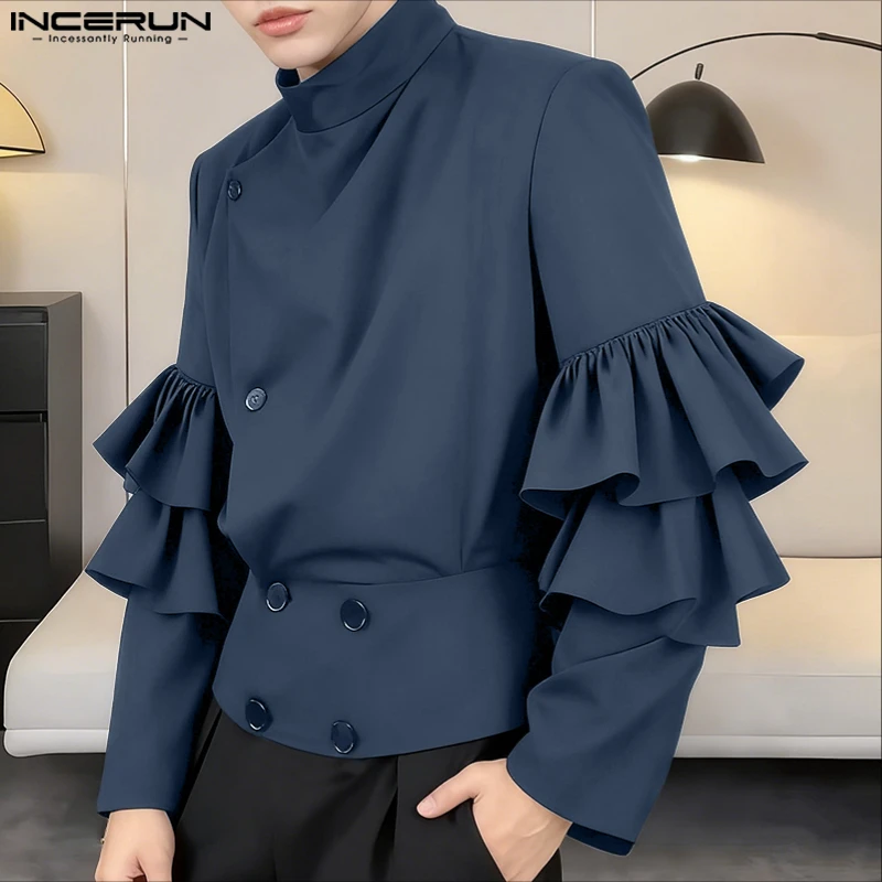 INCERUN Kemeja Pria Kerah Berdiri Polos Ruffle Pakaian Pria Kancing Lengan Panjang Kemeja Pria Kasual Fashion Jalanan Longgar S-5XL