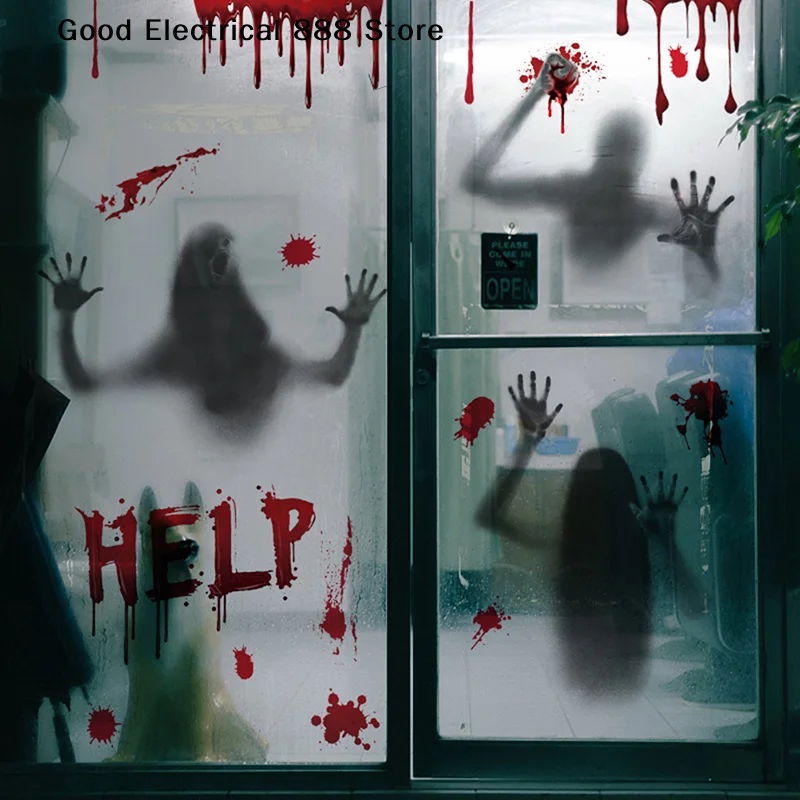【G】Halloween Stickers Horror Blood Hand Print Door Stickers Window Bathroom Shadow Glass Female Ghost Wall Decal Halloween Decor - view 3