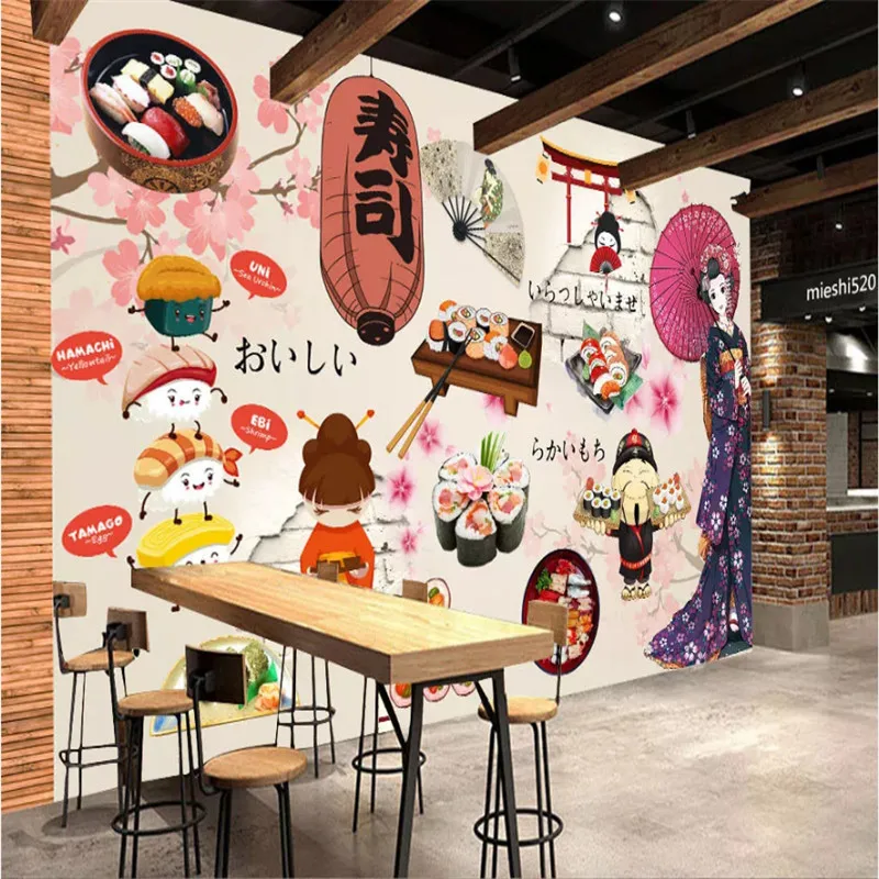 

Custom Hand-painted Cartoon Wall Paper Japanese Cuisine Sushi Restaurant Catering Industrial Decor Background Wallpaper Mural 3D