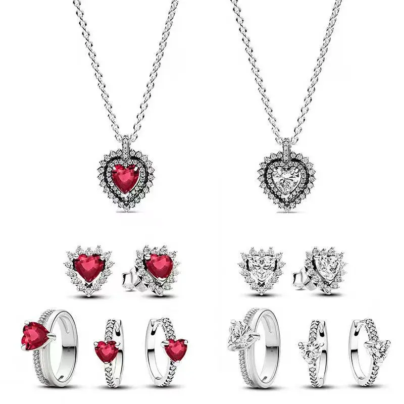 Pure silver minimalist necklace S925 red and white heart set with heart shape, elegant high-end accessory gift