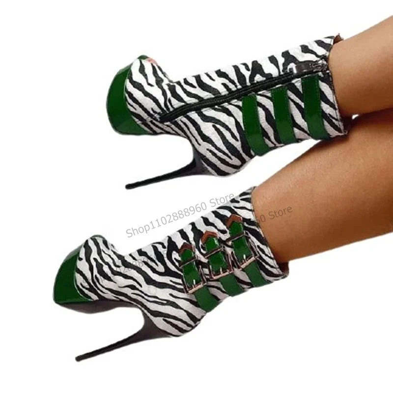 Mid Calf Platform Zebra Print Belt Buckle Decor Boots Thin High Heel Women Shoes Side Zipper Peep Toe 2023 Zapatos Para Mujere