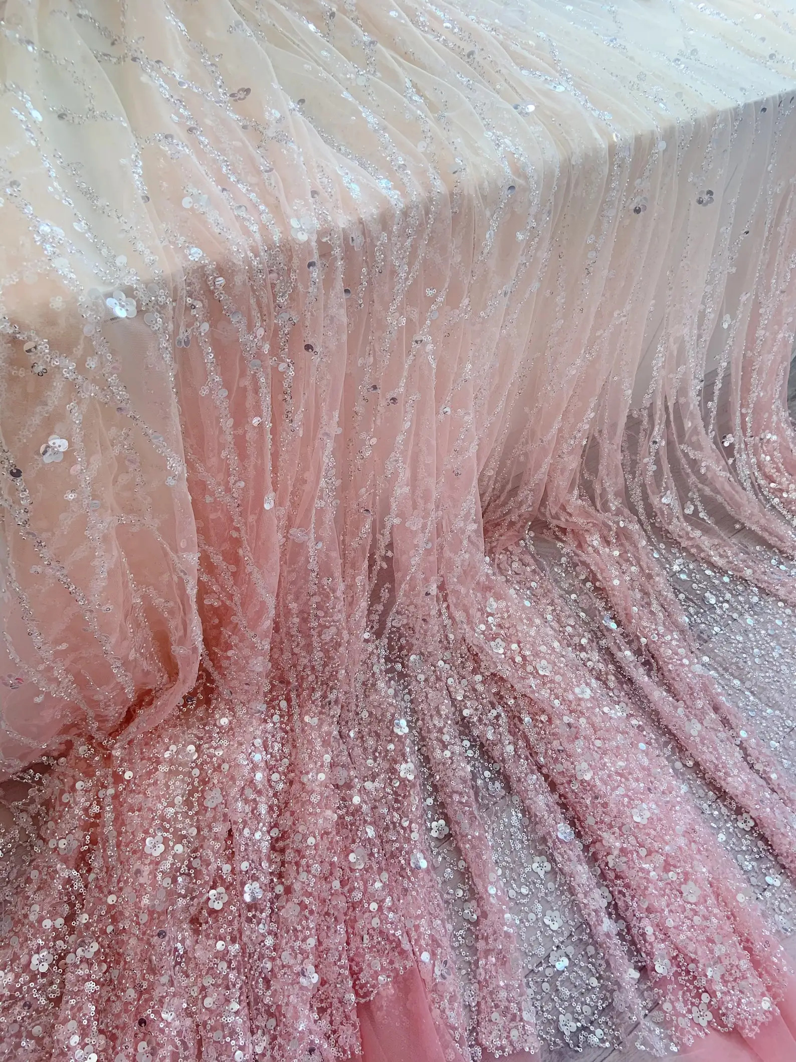 

Peach Beige Ombré Bead Tulle Lace Fabric for Bridal Dress Sequined Fabric with Gradient Colors Vines for Bridal Dress