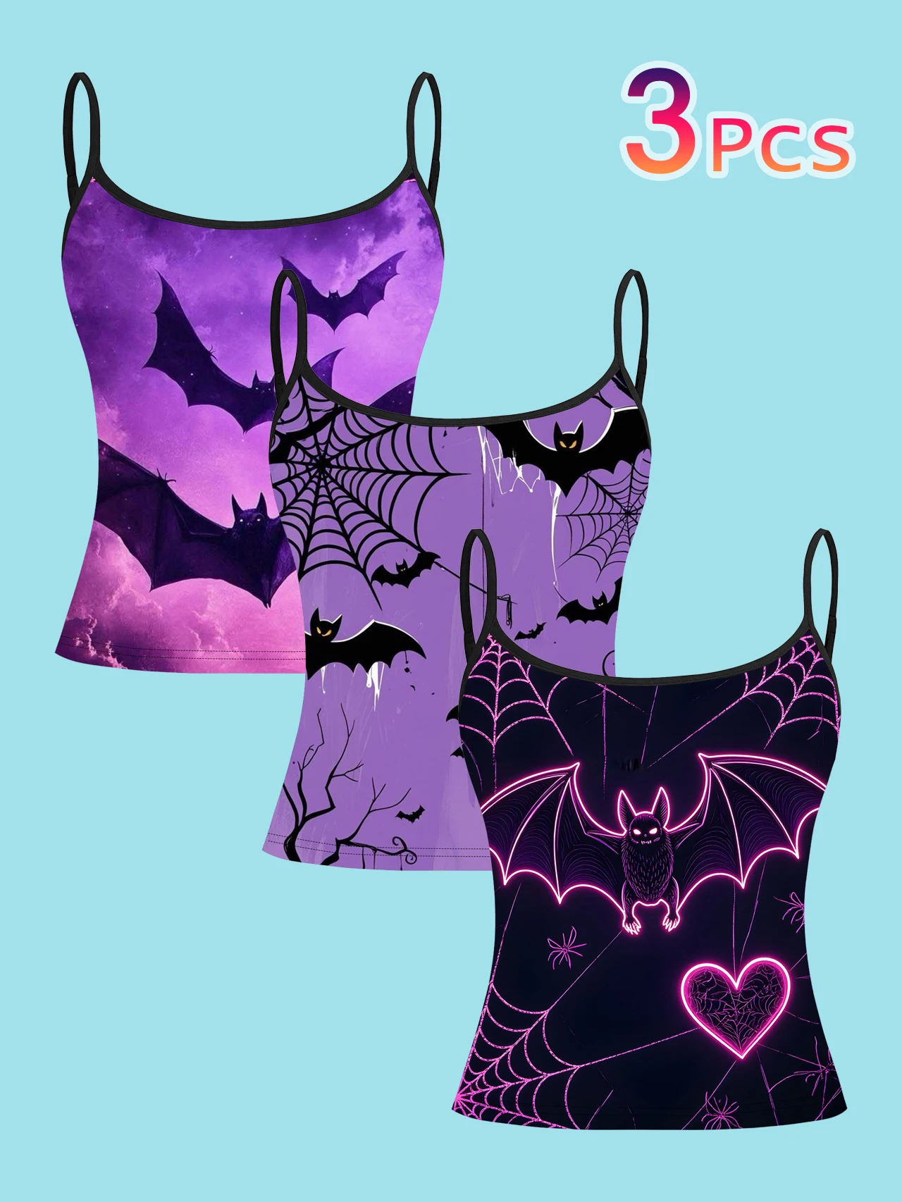 3-Piece Set of Purple Night Bat Print Camisoles, Women's Spaghetti Strap Tank Tops, Dark Spider Web Sweet-Cool Style