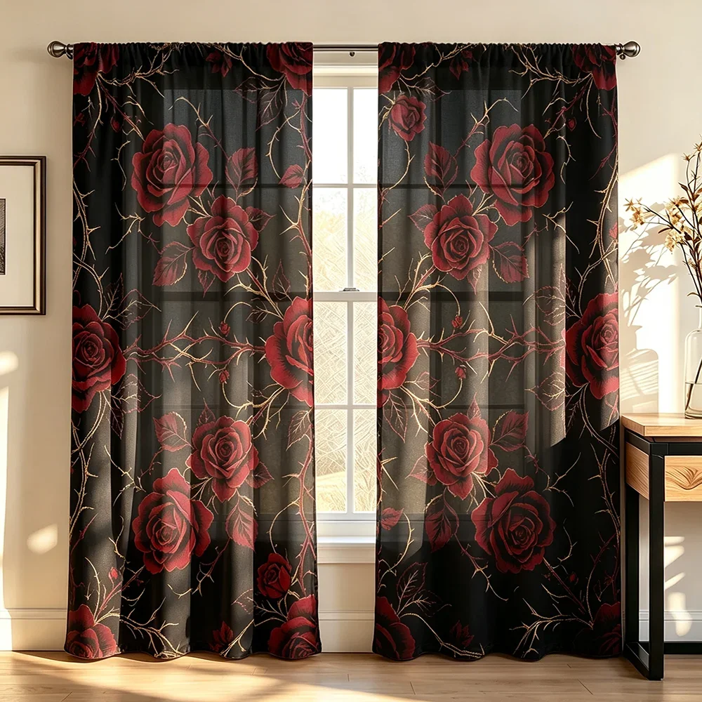 2PCS Digital Printed Curtains, Black Dark Red Rose Thorn Vine Pattern, Gothic Romantic Dark Style for Bedroom Living Room Decor