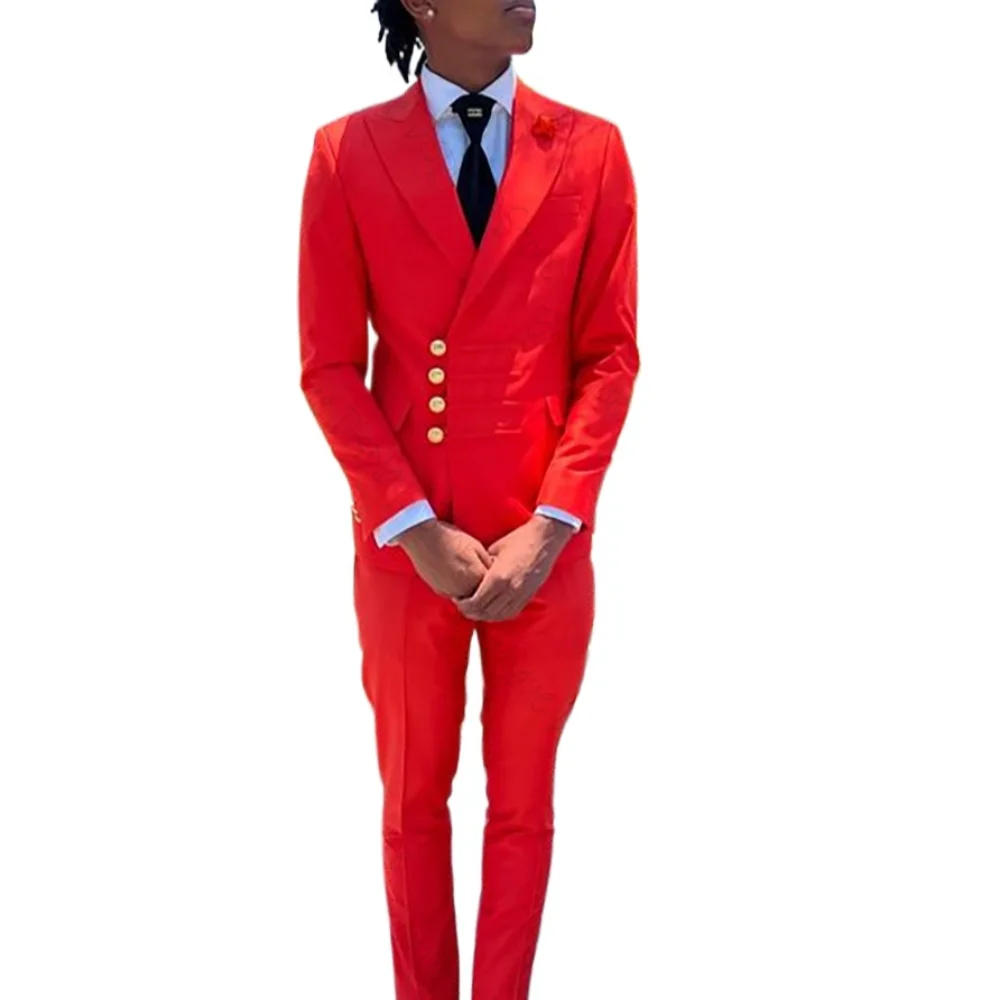 Slim Red Multi Row Buckle Men Suit Two Pieces(Jacket+Pants) Outfits Casual Party Prom Wedding Set