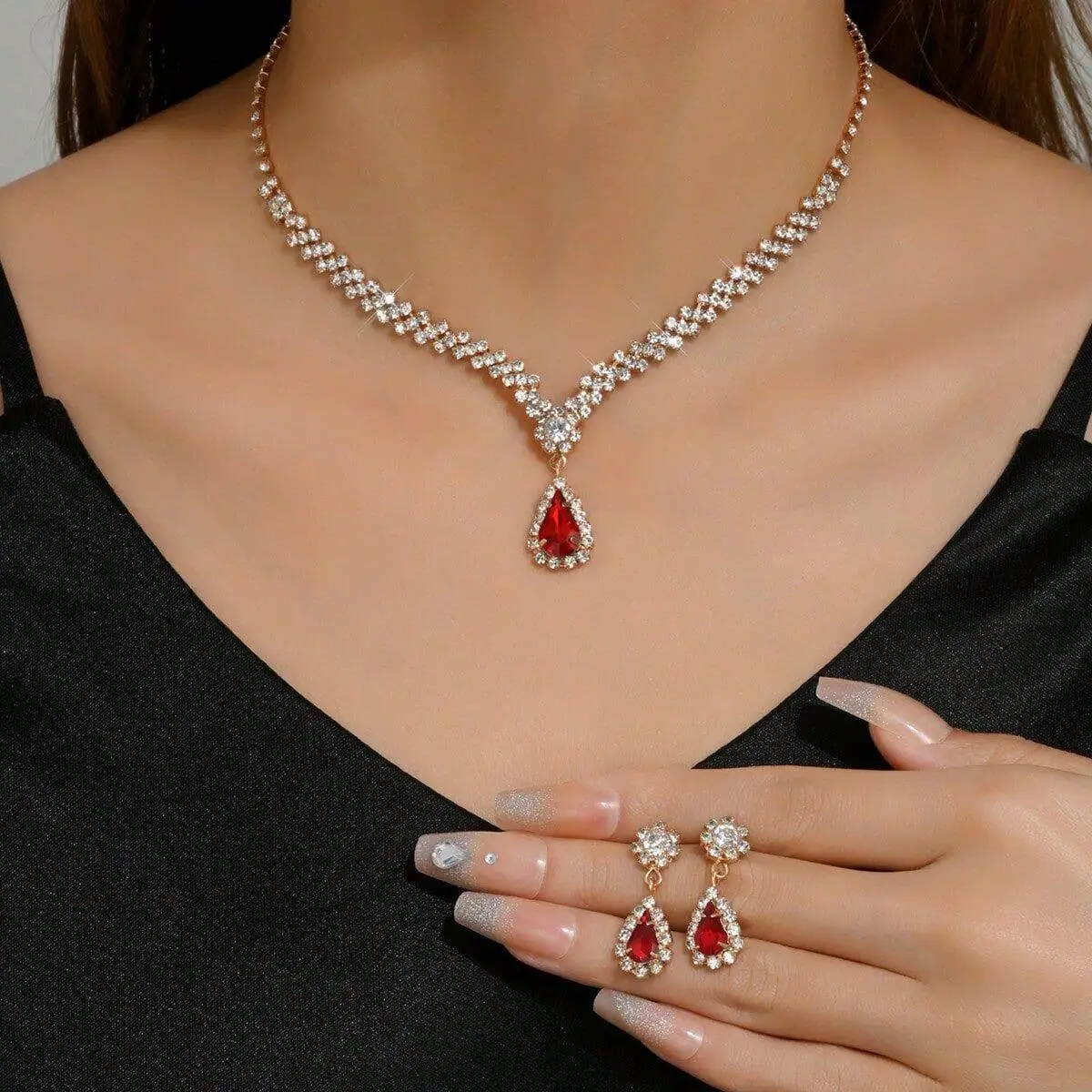 Bridal Jewelry Water Drop Necklace Earrings Wedding Women's Evening Dress Accessories Two-piece Set