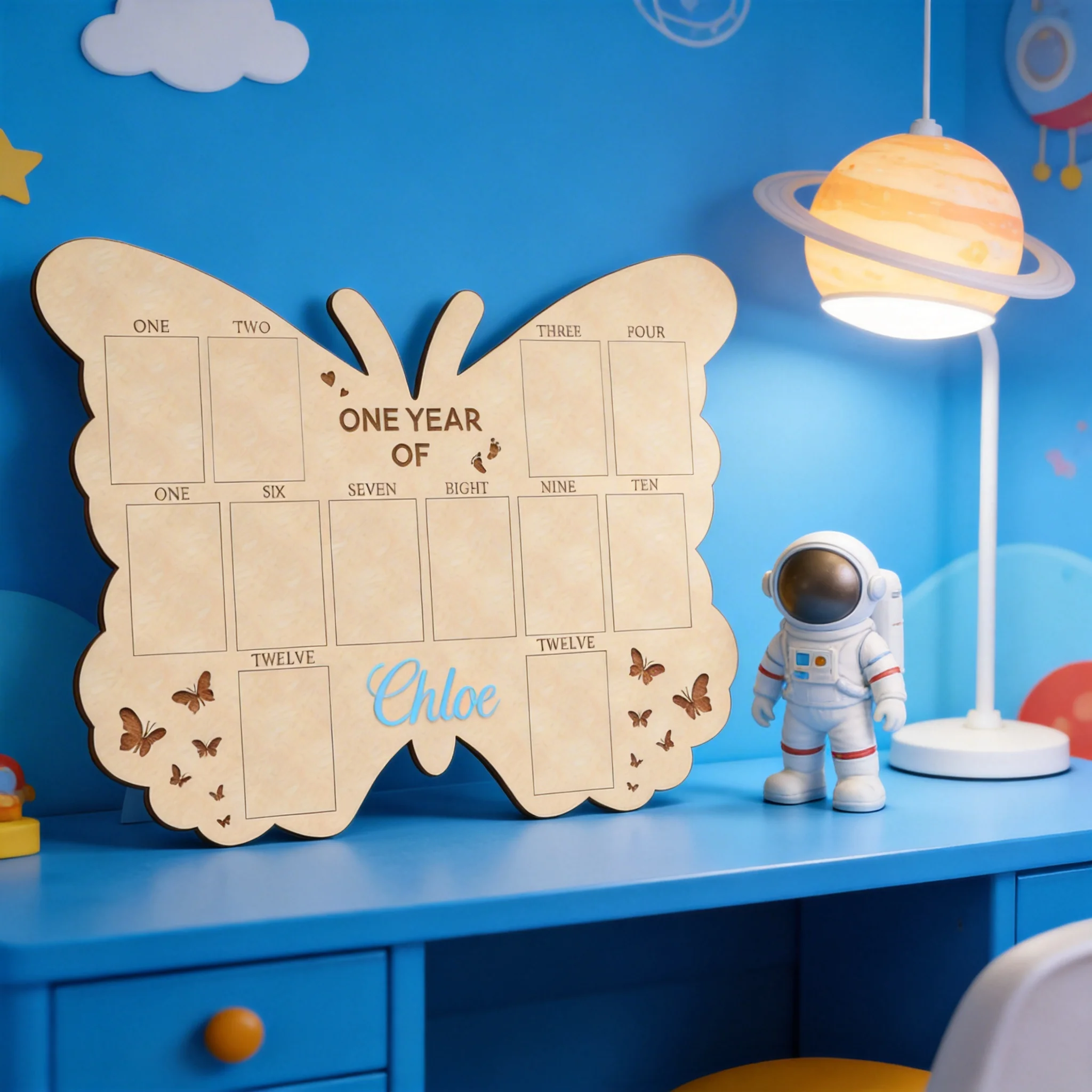 

Personalized Butterfly Baby Photo Board - Custom Name with 5 Color Options, 12 Monthly Slots (16.54"x12.28")