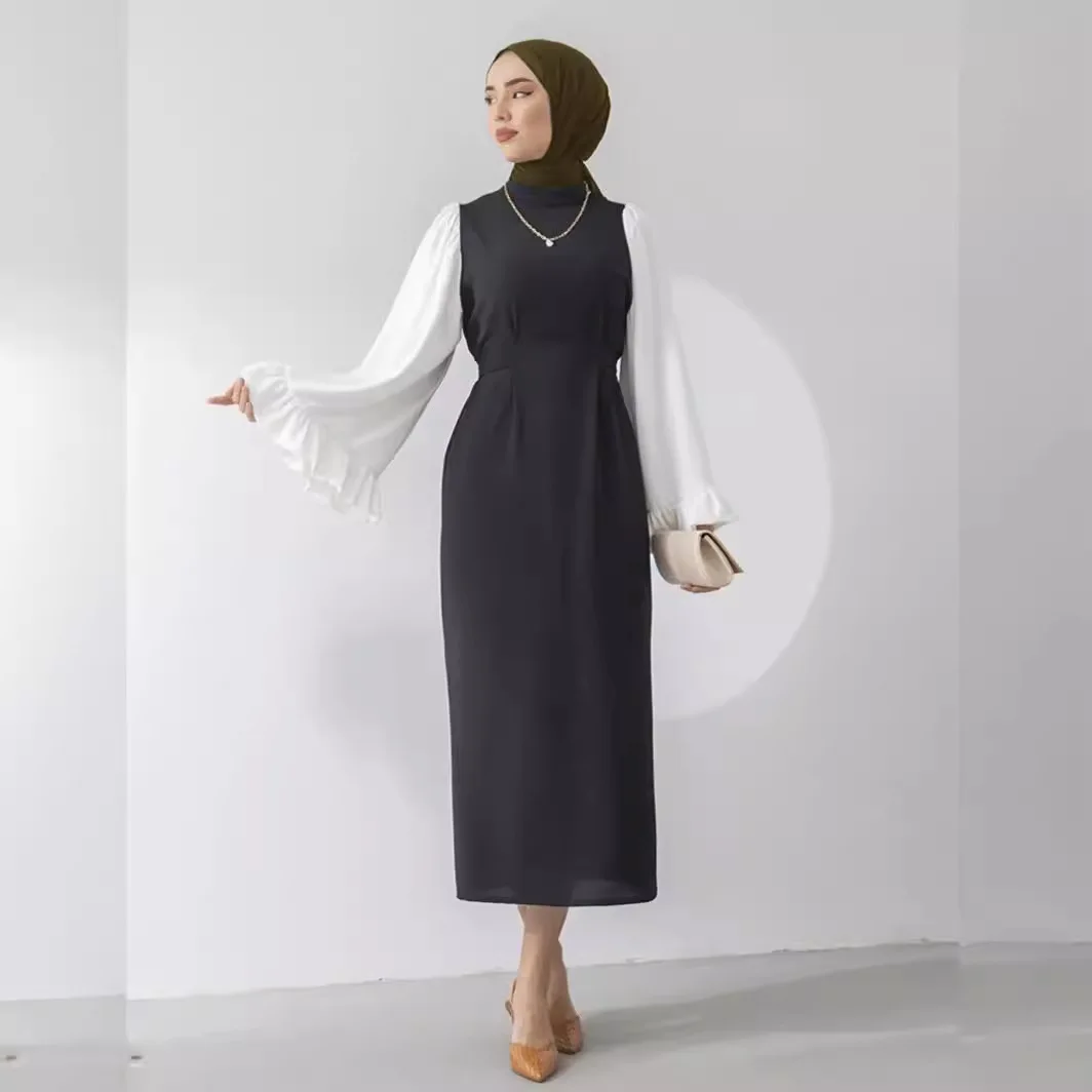 2205# Türkiye dress loose flare sleeve color matching waist slim Muslim dress