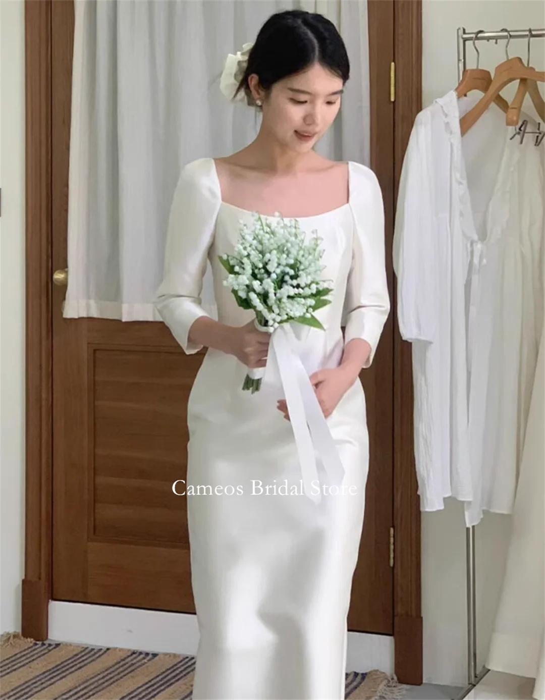 

SONDR Customized Square Neck Wedding Dresses Pearls Satin Korea 3/4 Long Sleeves Sheath Brides Gowns Women Bridal Dresses