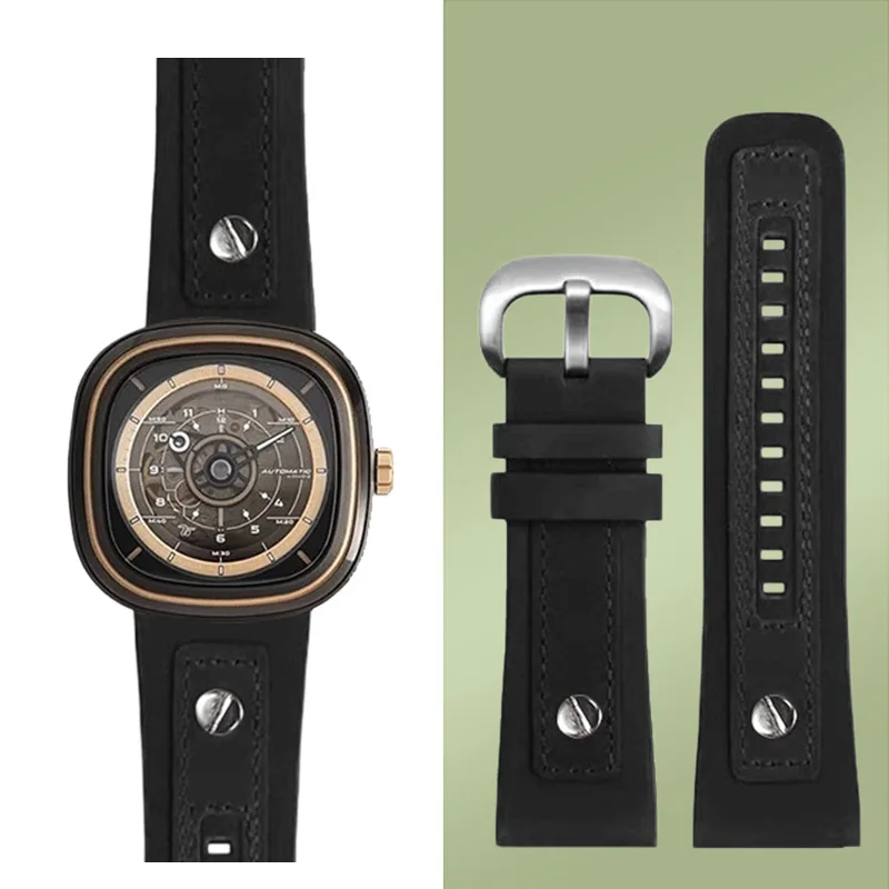 28mm Vintage Rivet Leather Watch Strap for SevenFriday P1 P2 M1 M2 S2 Q2 03 Series Watchband Replacement Bracelet Wristband