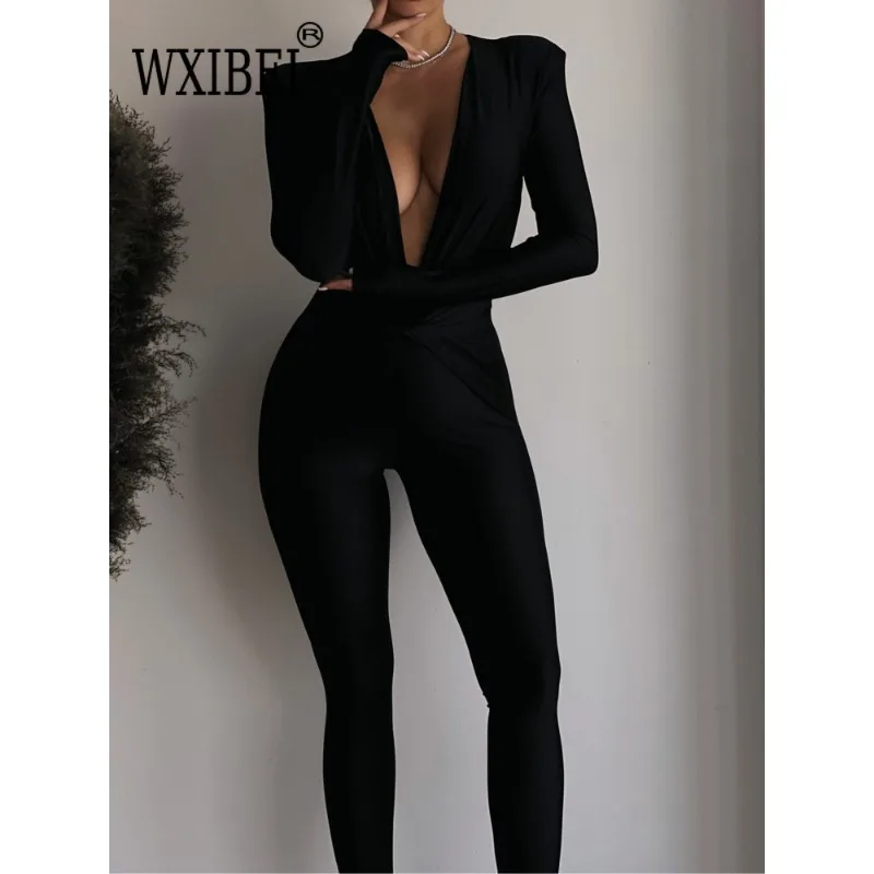 WXIBEI Diepe V-hals Lange Mouw Skinny Jumpsuits Vrouwen Rompertjes Elegante Zwarte Hoge Taille Ruches Slanke Sexy Jumpsuit Outfits