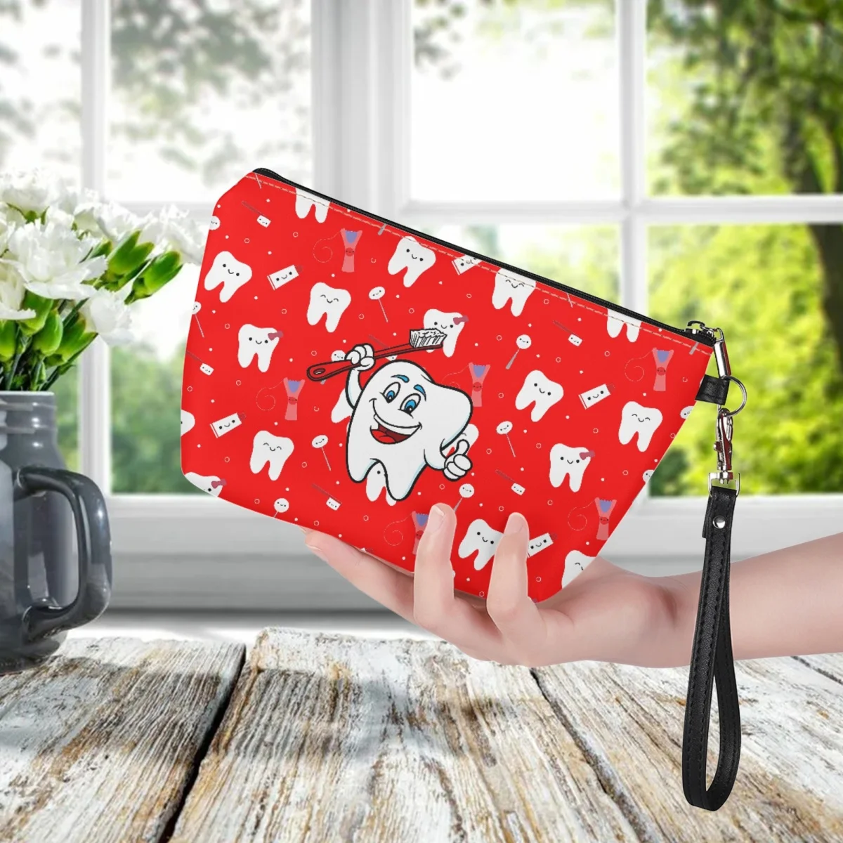 Bolsa de cosméticos con estampado a pedido para mujer, estuche de maquillaje de dentista, tarjetero de almacenamiento de cuero PU rojo, billeteras dentales grandes, envío directo