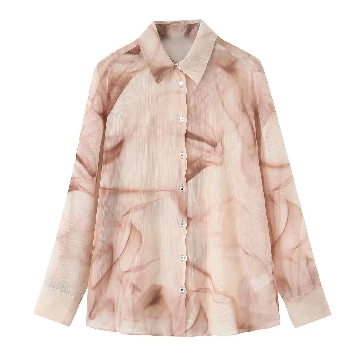 

BSK&TRAF2025 women's autumn new tie-dye printing casual loose fashion lapel long-sleeved bamboo yarn shirt top