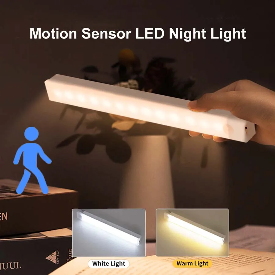 Barra de luces LED con Sensor de movimiento, lámpara de noche portátil, recargable por USB, para dormitorio, cocina, armario, escalera