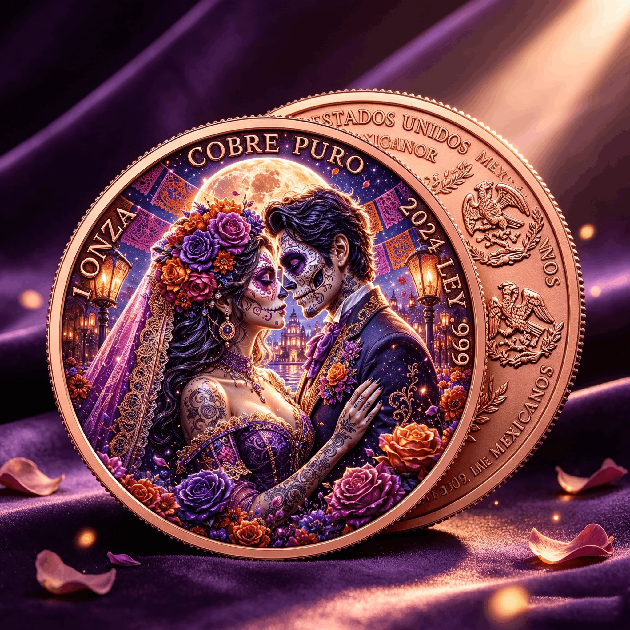 1 Onza Pure Copper .999 Ley Day of the Dead Moonlight Wedding Catrina Couple Color Copper Collectible Medal