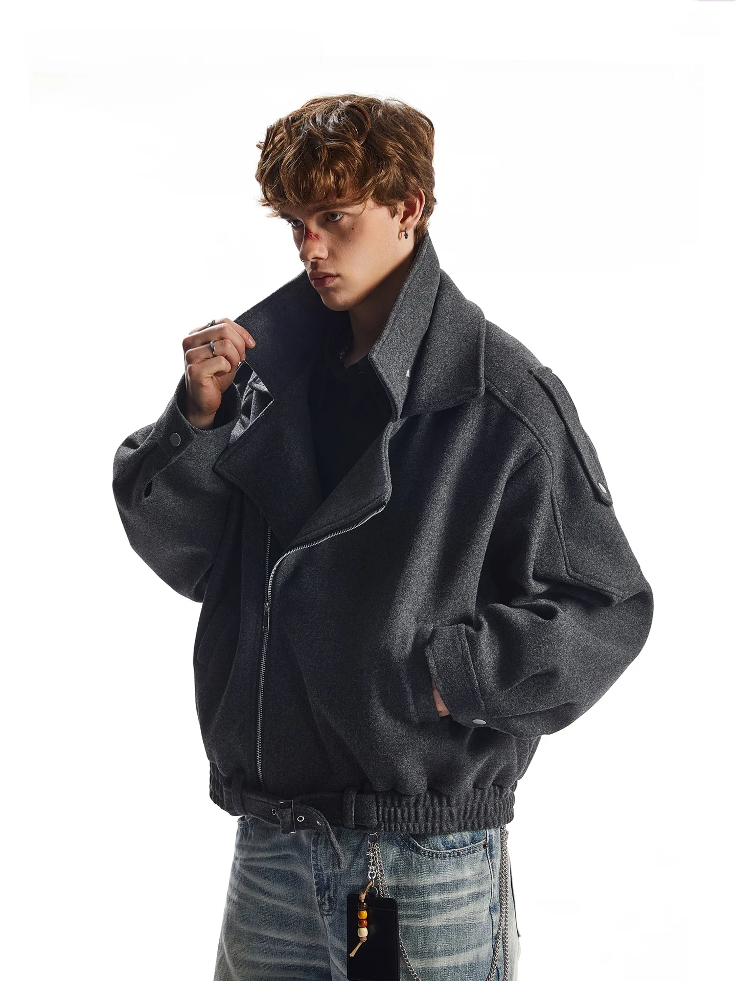 SDMADE American Retro Deconstructed Woolen Jacket Loose Silhouette Short Collarless Coat for Men And Women Casual Style