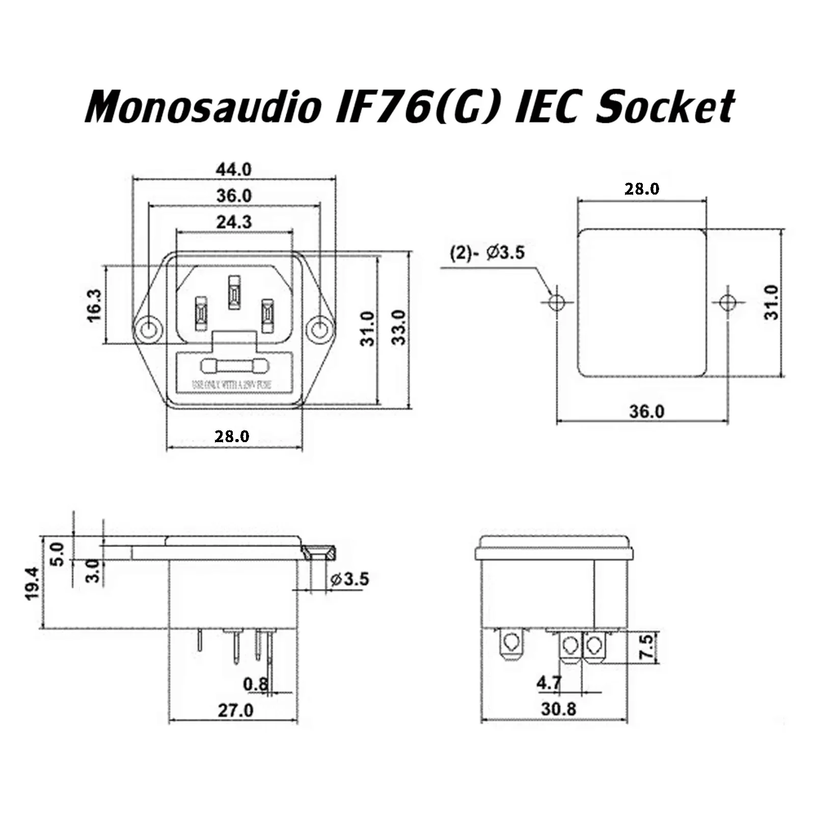 Monosaudio IF76G/R Pure Copper Fused IEC 320 C14 Socket 24K Gold Plated 2-pole+earth Connector Inlet with Fuse Holder