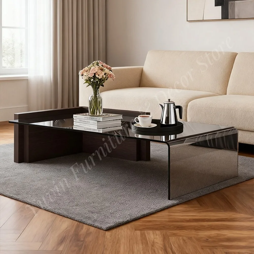 Modern Italian Luxury Coffee Table Set Wood Glass Top Rectangle Shape Decorative Design for Living Room-Multifunctional Home