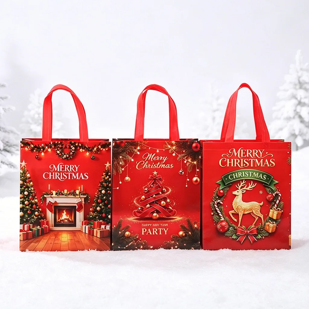 Christmas Gift Tote Bags Printed Non-Woven Shopping Bag Large Capacity Reusable Handbag Xmas Tree Reindeer Party Packaging Pouch