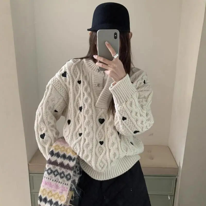 

Korean Style Sweater Knit Womens Autumn Winter Heart Cable Pattern Loose Fit Long Sleeve Vintage Versatile Casual Hoodie