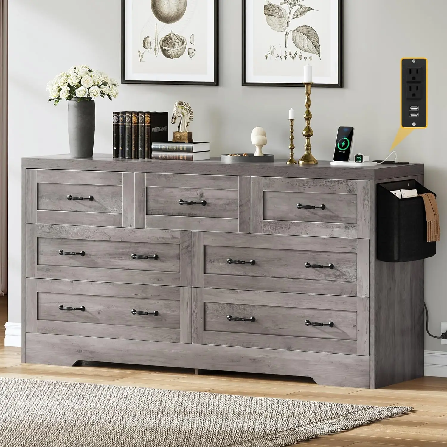 Dwvo Large Buffet Sideboard Cabinet With 7 Drawers Power Outlets, Dressers Buffet Table Coffee Bar Wine Bar Storage Cabinet