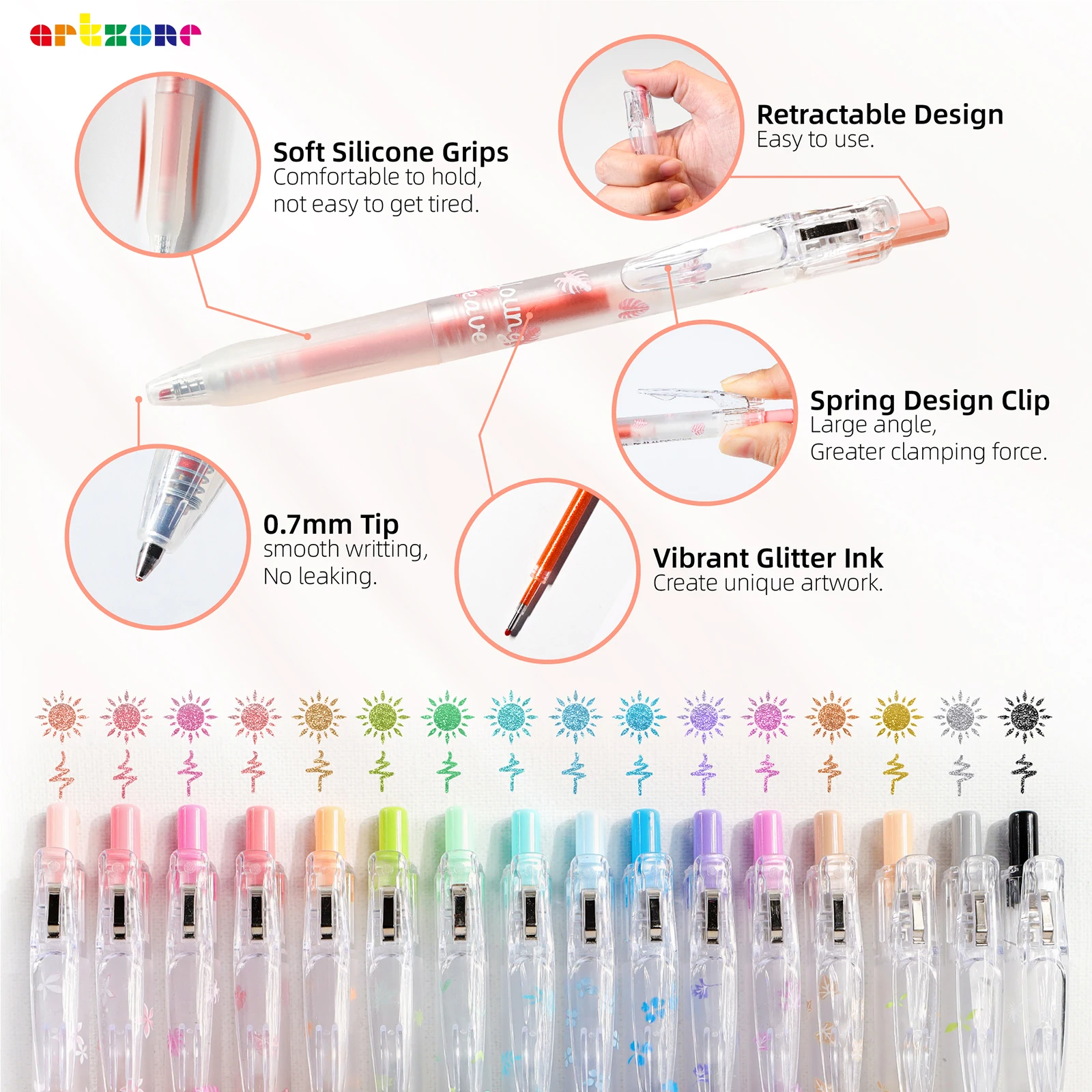 Glitter Gel Pens 16 Assorted Pastel Color 0.7mm Retractable Colored Sparkle Glitter Pen Set for Adults Kids Journaling Coloring