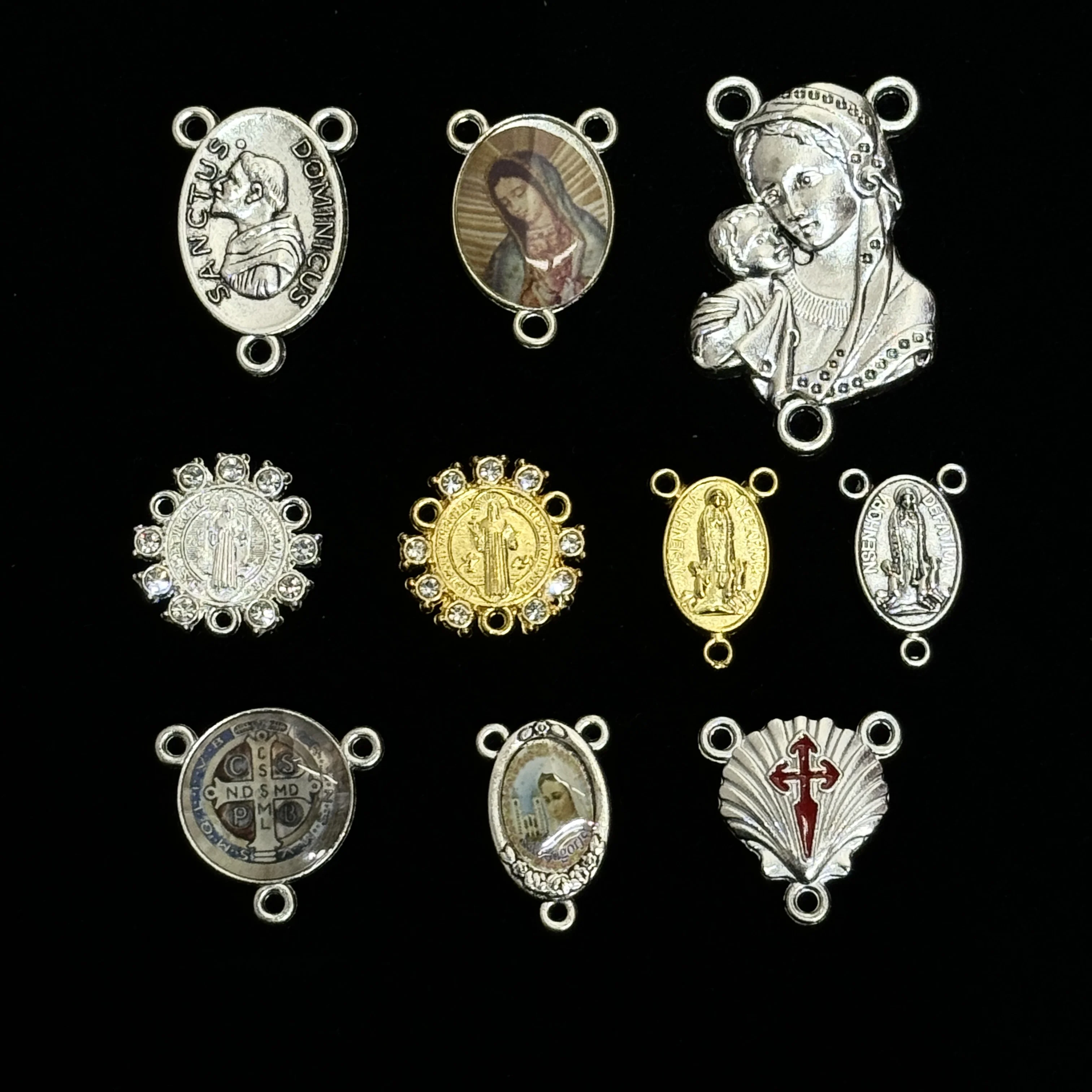 Conectores de Liga de 3 Furos para Peças Centrais de Rosário Católico e Medalhas Religiosas, para Criação de Terços e Joias DIY