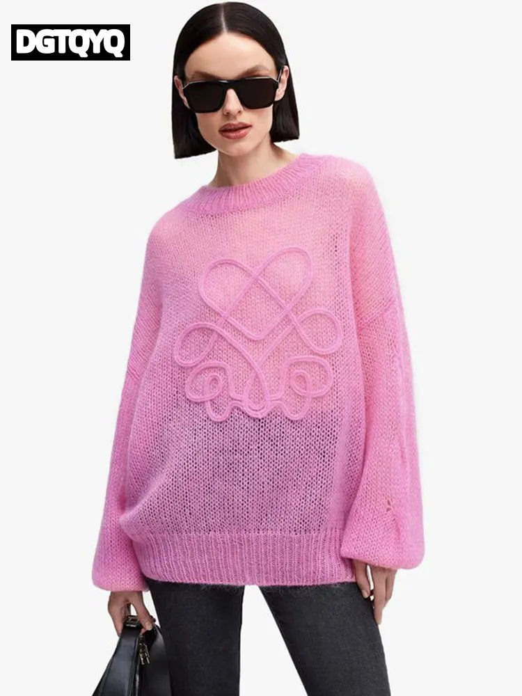 

DGTQYQ Fashion Round Neck Knitted Pullover Chic Long Sleeve Thin Loose Knitwear Top 2026 Autumn Streetwear Female Sweaters