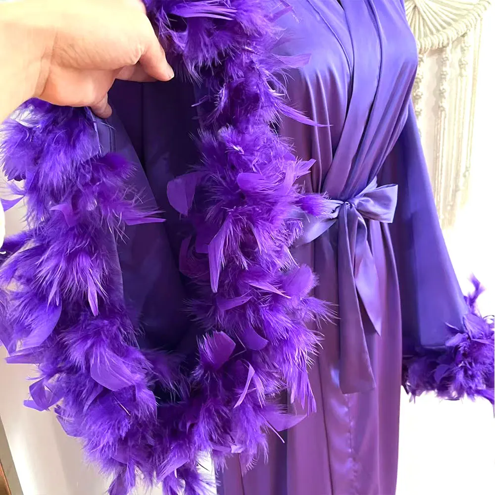 Luxury Purple Feather Robe Bride Kimono Long Boudoir Robe Wedding Floor Length Maxi Dressing Gown Bridesmaid Silk Satin Robe New